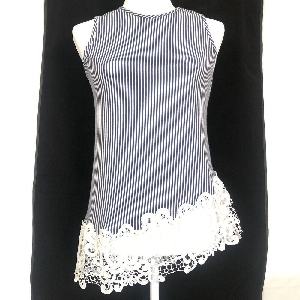 Cha Cha Vente Womens Striped Tank Top Size M 6 Inch Asymmetrical Lace Bottom